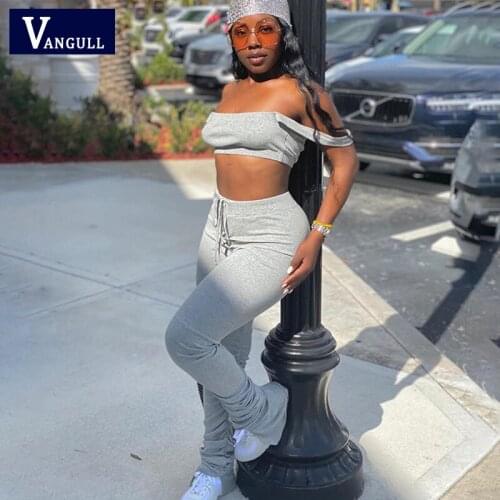 Vangull Off Shoulder Sexy Bodycon Matching Sets Women Sleeveless Club Party Two Pieces Outfits Bodycon Top And Stacked Pants Set