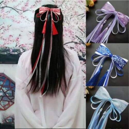 Chinese White and Blue Ribbon Tassel Hairpin Hair Clip for Women Girl Ancient Style Hanfu Hair Pins Cosplay Hair Accessories