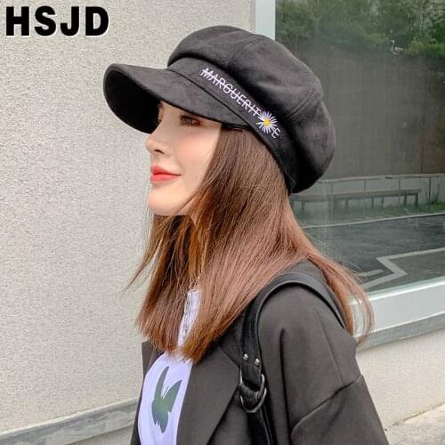 Suede Women Beret Autumn Winter Octagonal Cap Vintage Artist Painter Hat Ladies Daisy Embroidery Beret Hats Female Newsboy Caps