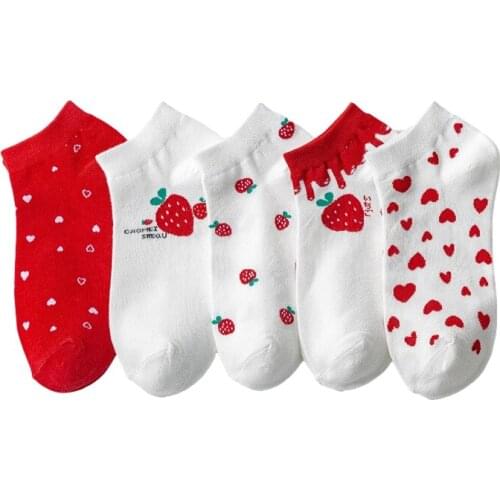 Japanese Style Women Cute Socks Print Strawberry Korean Funny 5 Pairs/Lot Girls Cotton Knitted Kawaii White Short Socks Sets