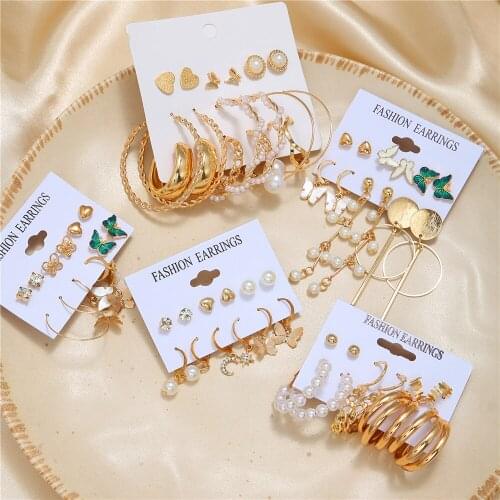 Fashion Pearl Temperament Earrings Sets For Women Retro Geometric Butterfly Earrings Set Circle Round Heart Earring Jewelry