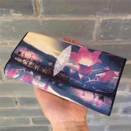 Authentic True Stingray Skin Dark Purple Womens Long Wallet Genuine Leather Lady Floral Clutch Purse Female Large Card Holders