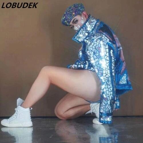 Women DJ Jazz Dance Outfit Glitter Sequins Imitation Denim Coat Bodysuit Rhinestones Cap 3-Piece Set Sexy Nightclub Stage Wear