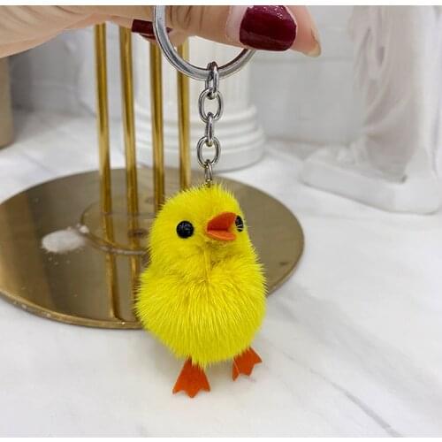Women Real Mink Fur keychain classic yellow Little Chick Duck HandBag Charm Car pendant phone keychain Keyring Accessories