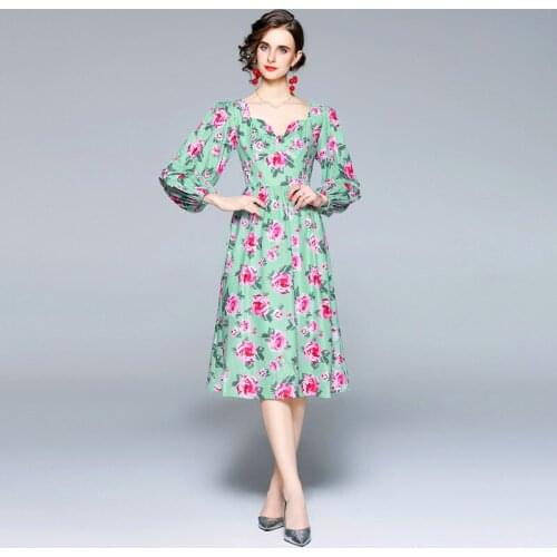 Spring Autumn Bohemain Midi Dress Womens Bow V-Neck Long Puff Sleeve Green Floral Print Party Dress k8616