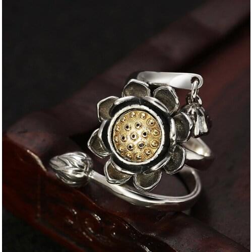 Real 925 Sterling Silver color Creative Design Lotus Rotatable Ring For Women Thai silver color Adjustable Ring Fine Jewelry