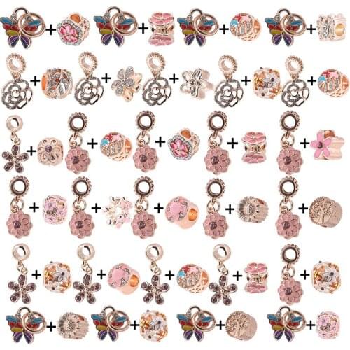 2Pcs/Lot Butterfly Silver Plated Beads Flower Rose Gold Crystal Dangle Charm fit Original Bracelets Necklaces For Women Jewelry