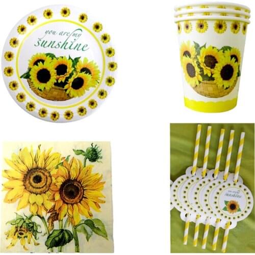50pcs/lot Chrysanthemum Theme Girls Kids Favors Tableware Set Cups Dishes Birthday Events Straws Baby Shower Party Napkins