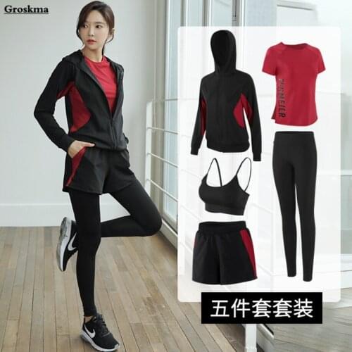 Quick dry women yoga 5 piece set coats+t shirt+bra+shorts+pants fitness gym top outdoor running suits sets sportswear clothing