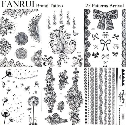 Black Lace Henna Tattoo Flower Temporary Tattoo Girl Wedding Body Arm Art Fake Tattoo Women Neck Leaves Waterproof Tatoos Chains
