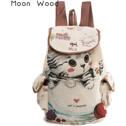 Moon Wood Cartoon Animal Cat Embroidery Drawstring Backpack Women Cute Canvas Backpack School Bags For Teenager Girls Book Bag
