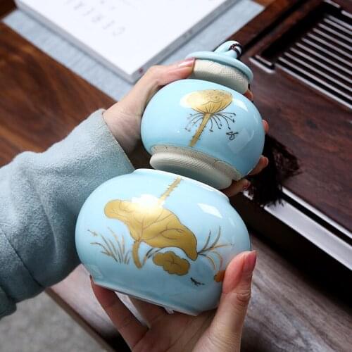 Ceramic Kiln Glazed Gourd Tea Caddy Medium Large Pu'er Flower Red Green Tea Leaf Canister Hand Painted Lotus Sealed Can