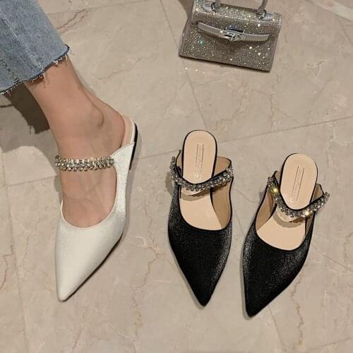Pointed Toe Mules Rhinestone Womens Mules Shoes Women Designer Slides Slip On Woman Slippers Crystal Mule Flat Heels