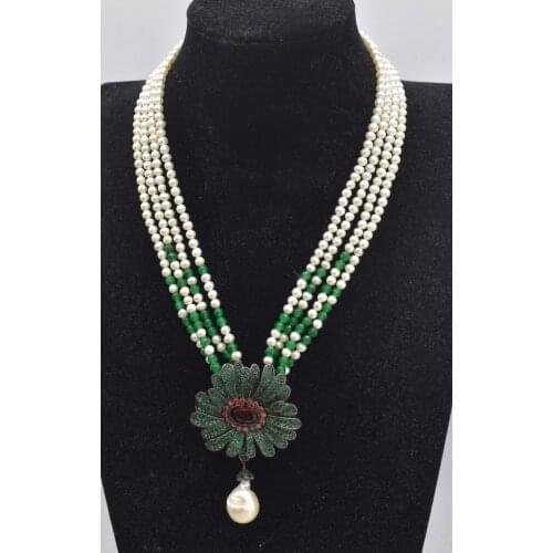 4rows Freshwater Pearl +green jade white near round 3-5mm +green zircon pendant Necklace 44-48cm wholesale for women xmas gift