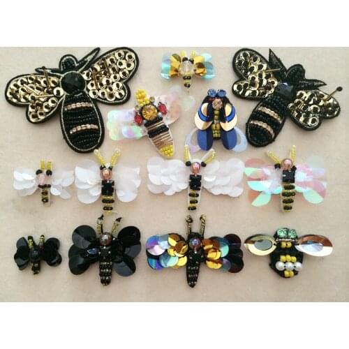 Bees dragonfly Rhinestone Beaded Patch for Clothing Sewing Beading Applique Clothes/Shoes/Bags Decoration Patch DIY Apparel