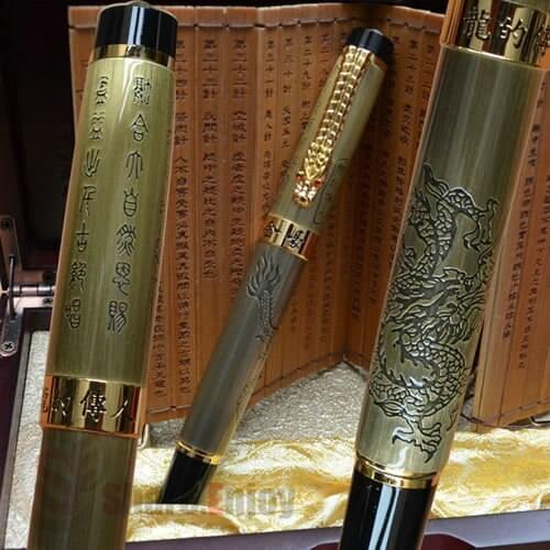 FOUNTAIN PEN MEDIUM NIB JINHAO LEGEND OF DRAGON ORIGINAL BOX AND BAMBOO SLIP BRASS