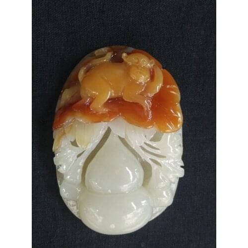 YIZHU CULTUER ART 100% Natural China Jade Hand-carved Exquisite Pendant Necklace Calabash Monkey Amulet Gift