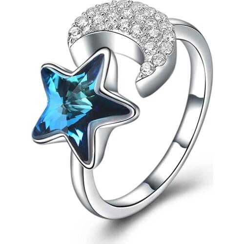 SILVERHOO Rings For Women 925 Sterling Silver Opening Adjustable Shining Moon With Blue Star Ring Fine Jewelry Anniversary Gift
