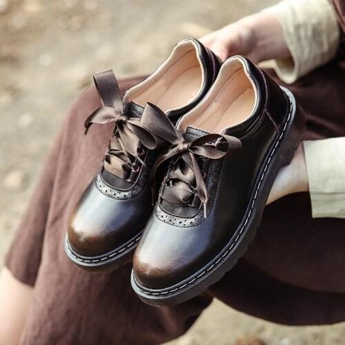 Ribbon Lace up Oxford Shoes for Women Genuine Leather Brogues Shoes Woman 2020 New Women Flats Shoes Zapatos De Mujer