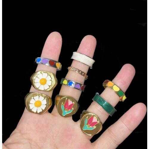 2021 New Korean Trendy Vintage Double Layer Dripping Oil Enamel Color Contrast Heart Metal Rings for Women Couple Jewelry