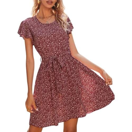 Women Summer Beach Casual Dress, Elegant Adults Maroon Floral Print O-neck Ruffle Short Sleeve Sundress,S/M/L/XL