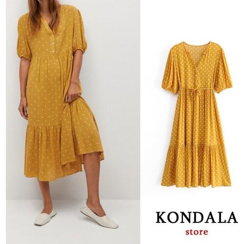 KONDALA Women Dress Za Streetwear Rayon Polka Dot Watermark Yellow Dress Short Sleeve Autumn England Style Vestidos Mujer