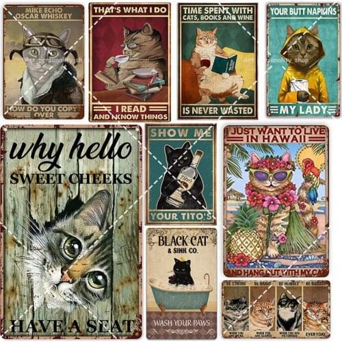 Tin Sign Cat Live Hawaii Retro Vintage Sign Wall Plaque Art Mural Funny Gifts for Cafes Bar Pub Beer Club Wall Home 8x12 Inch