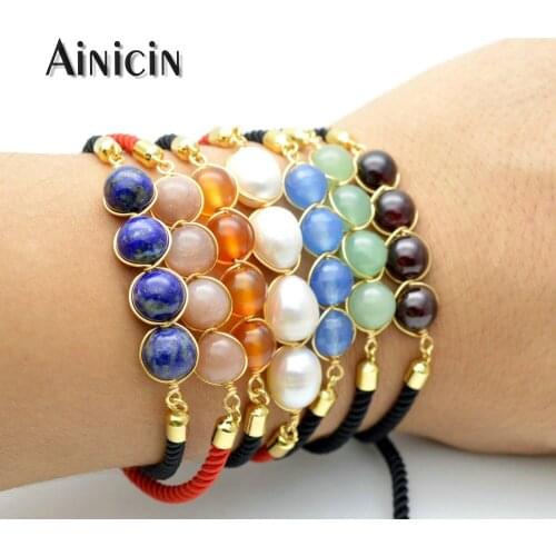 1pc Natural Semi-precious Stone Hand Twisted With Sliding Red Black Rope Chain Adjustable Bracelets For Women Jewelry
