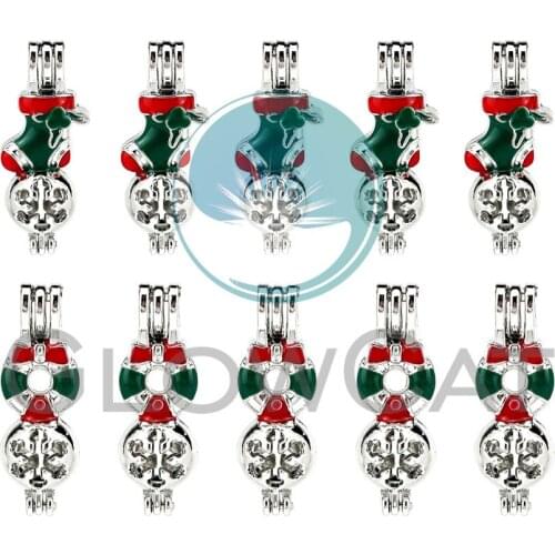 10X Christmas Wreath Santa Boots Snowflake Beads Cage Perfume Essential Oil Diffuser Pearl Cage Colors Enamel Locket Pendant