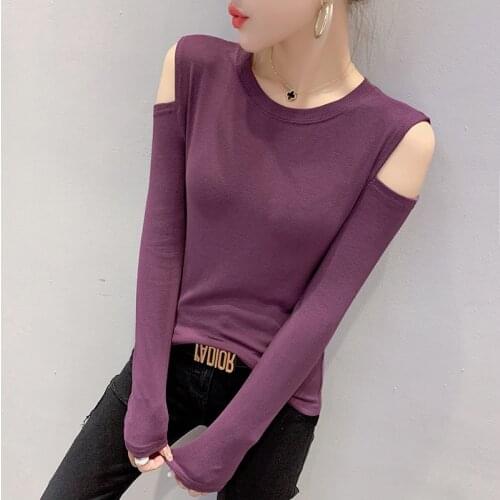 #5813 Spring 2021 Off Shoulder T-Shirts For Women Cotton O Neck Casual T Shirt Femme Casual Long Sleeve T-shirt Female Slim Sexy