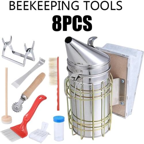 8Pcs Apiculture Bee Hive Equipment Stainless Steel Manual Bee Smoke Transmitter Kit Smoke Sprayer Beekeeping Cultivating Tool