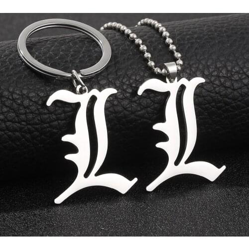 Death Note L Lawliet Necklace Stainless Steel Old English Letter Pendant Beads Chain Necklaces Cosplay Jewelry Accessories