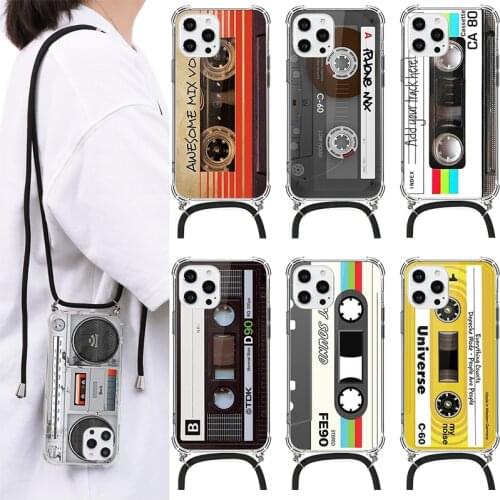 Lanyard Rope PC Airbag Case For iPhone SE 2020 5 5S 6 6S 7 8 11 12 Pro Max X XS XR Max 12Mini Cassette Tape Clear Hard Funda Bag