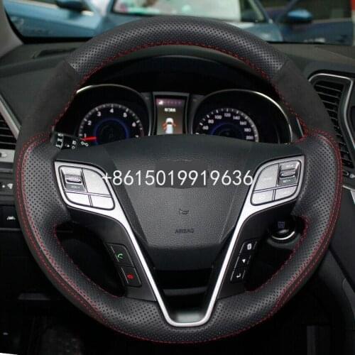 Black Suede Leather Hand-stitched Car Steering Wheel Cover for Hyundai Santa Fe IX45