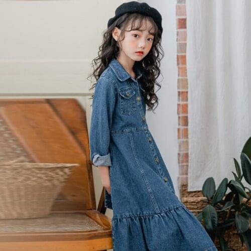 Girls 10 12 years Long Sleeve Denim Long Dress with Belt Buttons Ruffles Hem Elegant Dresses