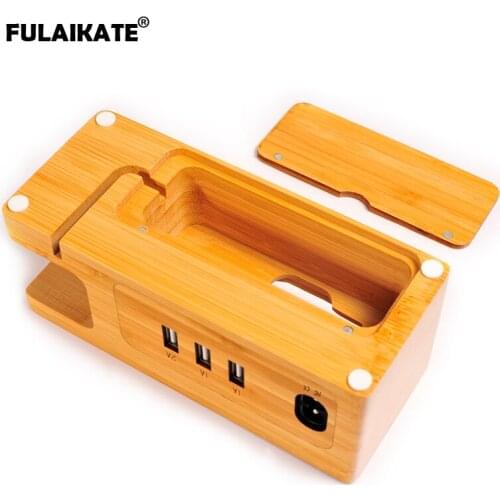 FULAIKATE 3-Ports USB Charging Bamboo Wood Stand for iPhone11 Pro Max Watch Dock Station Cellphone Desktop Mobile Phone Support