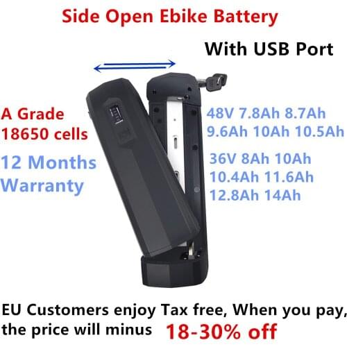 Hailong 2 side open release Lithium ion battery with USB Ebike battery 36v 48v 10ah 12ah 14ah 250w 350w 500w 750w battery