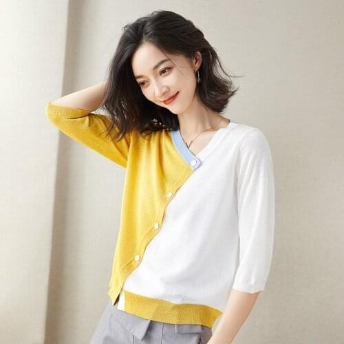 Knitted Cardigan Sweater 2021 New Summer Women V Neck Three Quarter Sleeve Fashion Cardigan for Female Jumper Outwear