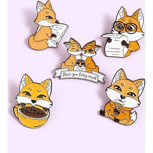 Fox Reading Newspaper Cartoon Animal Jewelry Alloy Brooch Personality Cute Little Fox Drinking Coffee Reading Book Enamel Badge