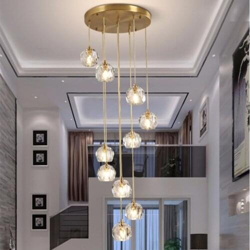 New Copper Led Pendant Lamp Luxury Golden Lustre Crystal Hanging Light Decoration for Living Dining Room Stairs Indoor Fixtures