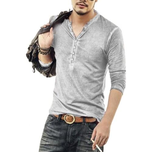 Long Sleeve Men T-shirt Solid Color All-matched Lightweight Casual Skin-friendly V Neck Thin Buttons T-shirt Male Clothing