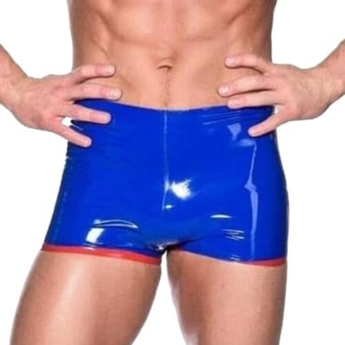 Male Latex Rubber Boxer Shorts Dark Blue and Red Trims Latex Underpants Plus Size Custom Made Panties S-LPM094