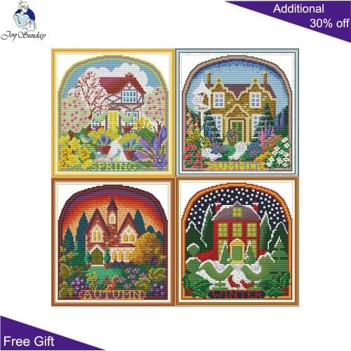 Joy Sunday Four Season Hut FA067FA068FA069FA070 Counted Stamped Home Decor Spring Summer Autumn Winter Cottage Cross Stitch Kits