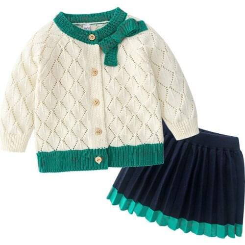 New Fashion kids girl clothes Knitted cotton long sleeve Sweater cardigan Jackets and folded skirts toddler baby girl clothing