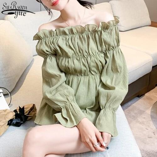 2021 Autumn New Korean Style Loose Fashion Womans Shirt All-match Slash-neck Solid Puff Long Sleeve Womans Blouses 10664