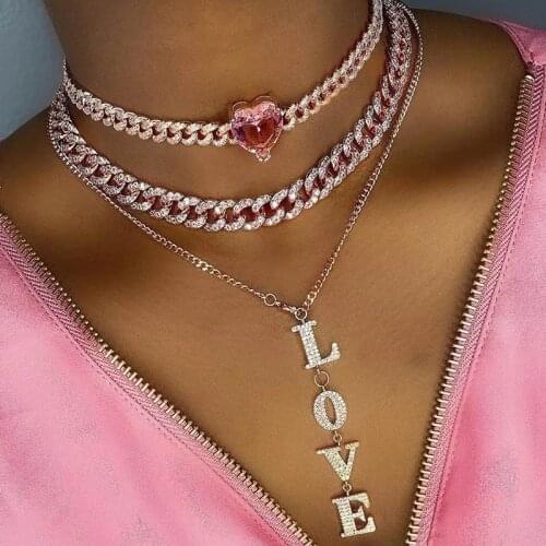 Pink CZ Iced Out Big Heart Chokers Necklace Rose Gold Silver Color Cuban Link With Cubic Zirconia Chain Women Necklace Jewelry