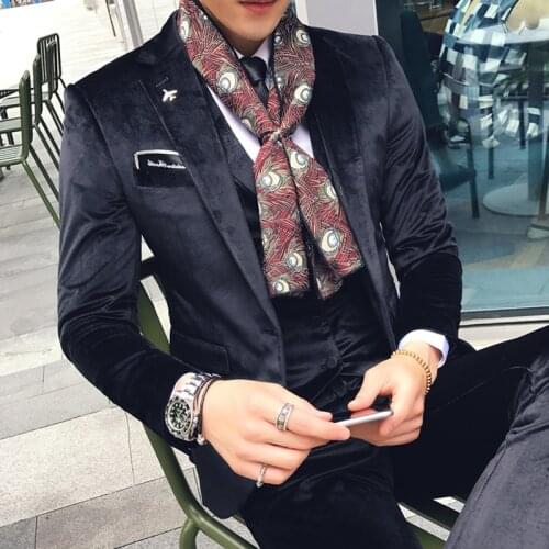 Tuxedo jacket +vest +pant new latest coat pant designs tero slim fit wedding elegant suits men suit velvet 3xl