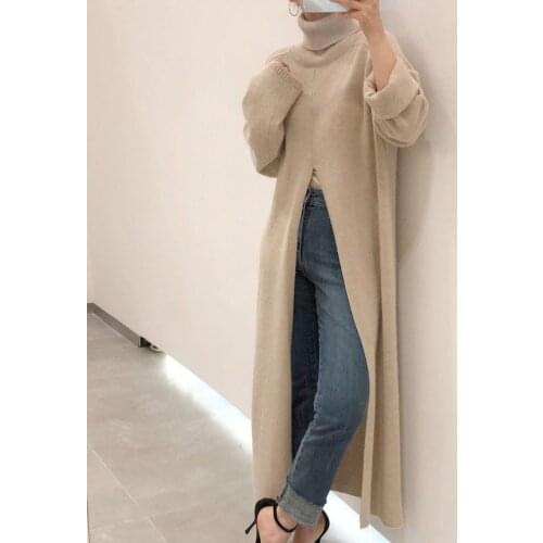 Women Designer Turtleneck Split Sweater Dress Ladies Long Sleeve Solid Straight Loose Knitted Maxi Dresses Winter vestido