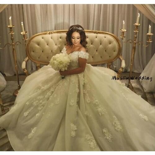 Luxury Ball Gown 3D Florals Wedding Dresses Arabic Dubai Off The Shoulder Lace Up Church Princess Wedding Dress 2020 Bridal Gown