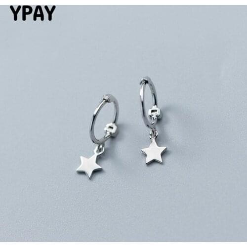YPAY 100% Genuine 925 Sterling Silver Star Pendant Hoop Earrings For Girls Teens Women Korea Fine Jewelry Christmas Gift YME581